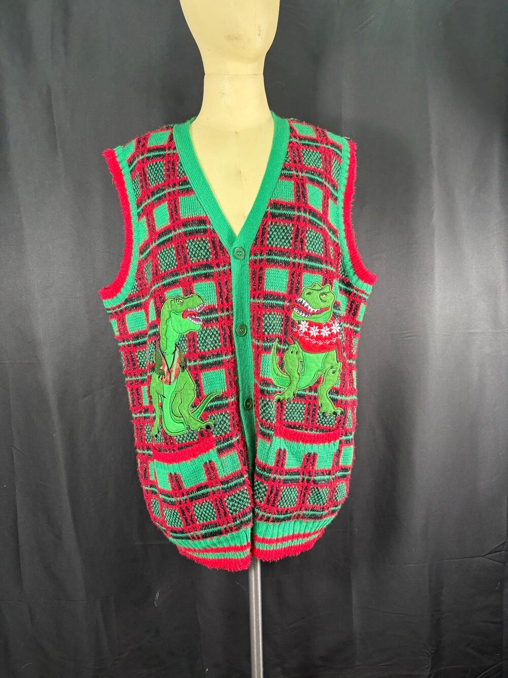 Dinosaur Men's Christmas Plaid Holiday Sweater Vest T Rex XL Tall Front Pockets